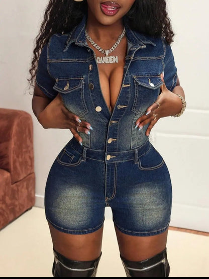 Button-Front Belted Denim Romper