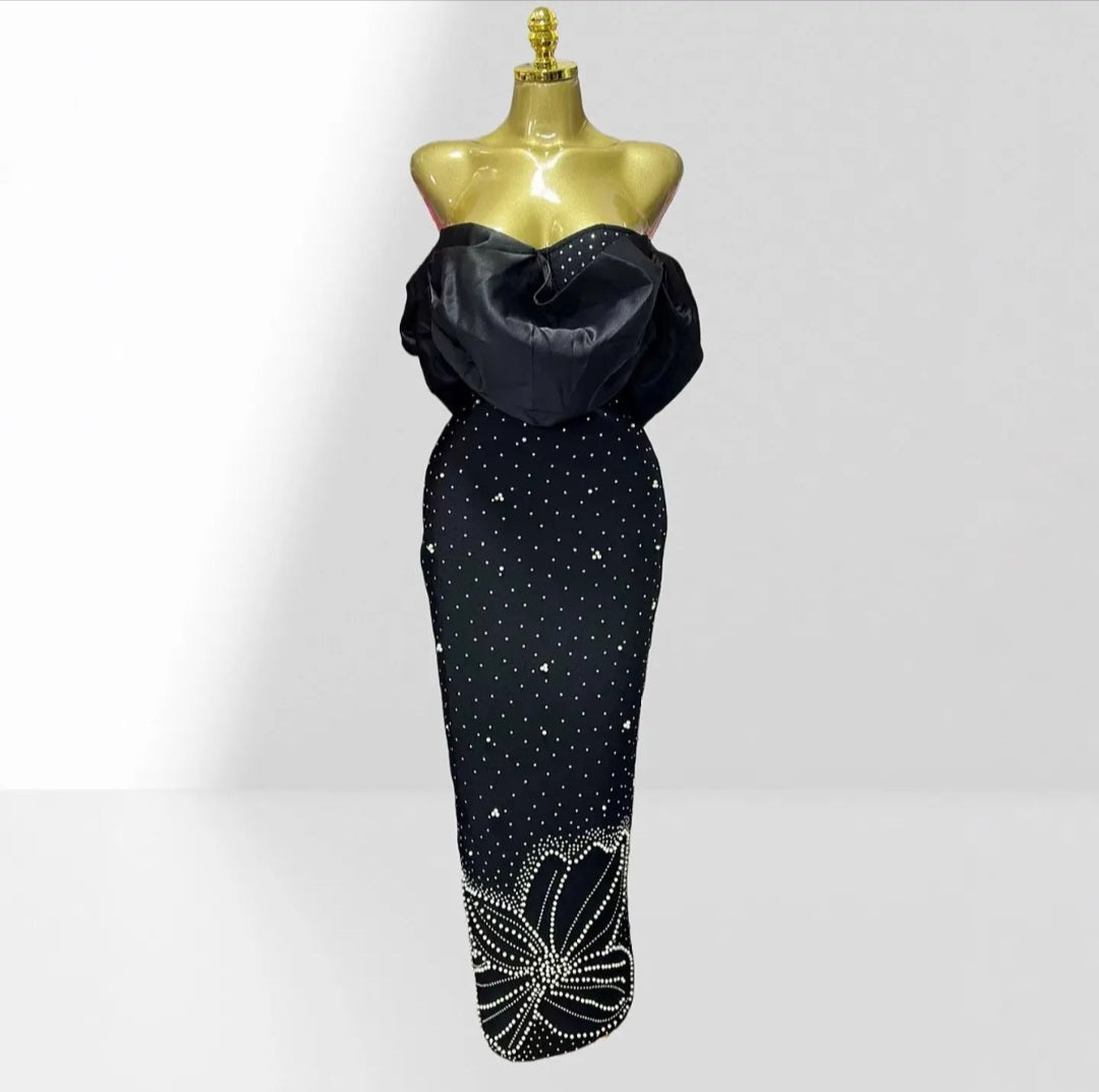 Off-Shoulder Ruched Rhinestone Floral Column Evening Gown