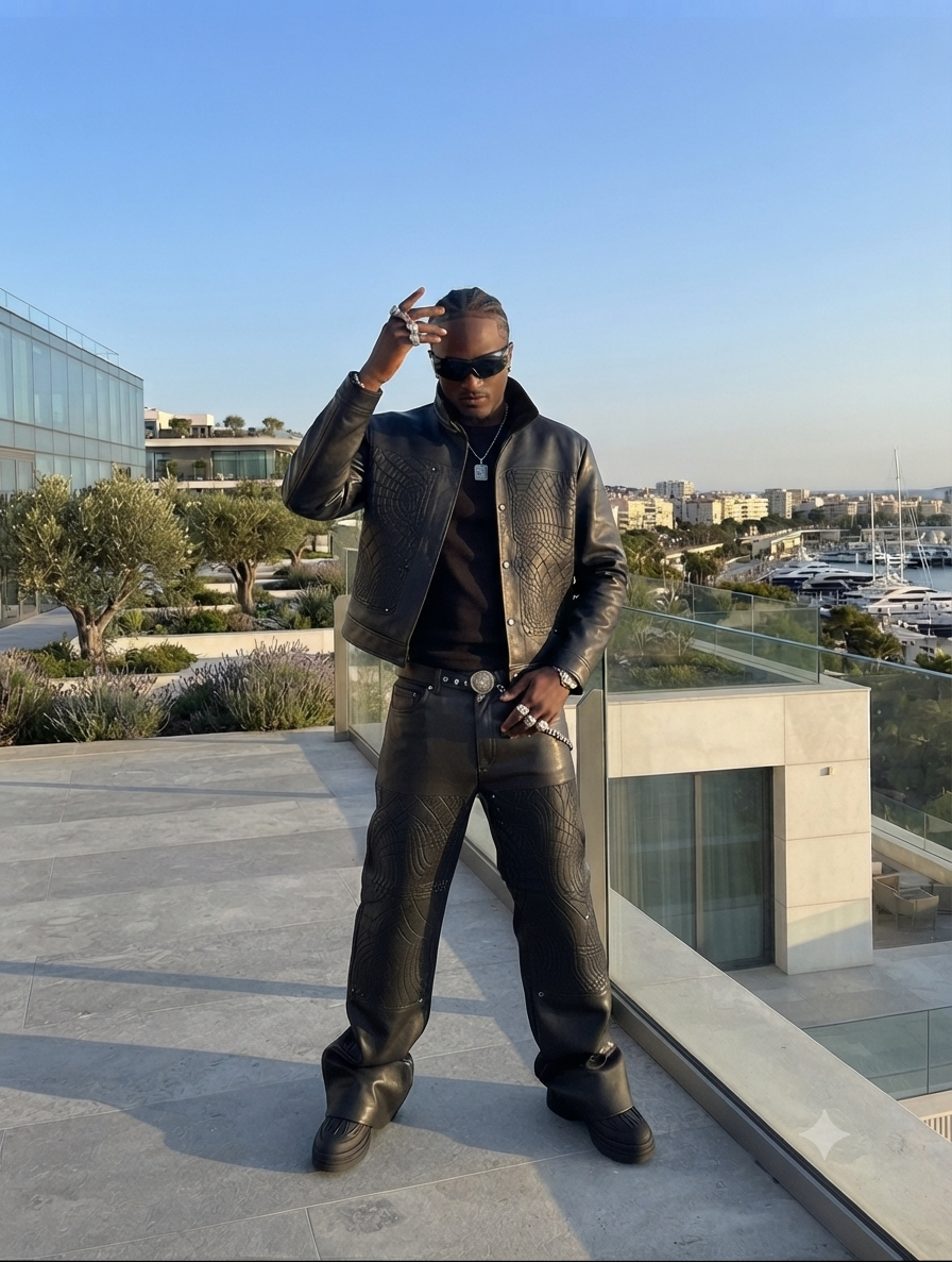 Men's Spiderweb Embossed Faux Leather Jacket & Pants Set