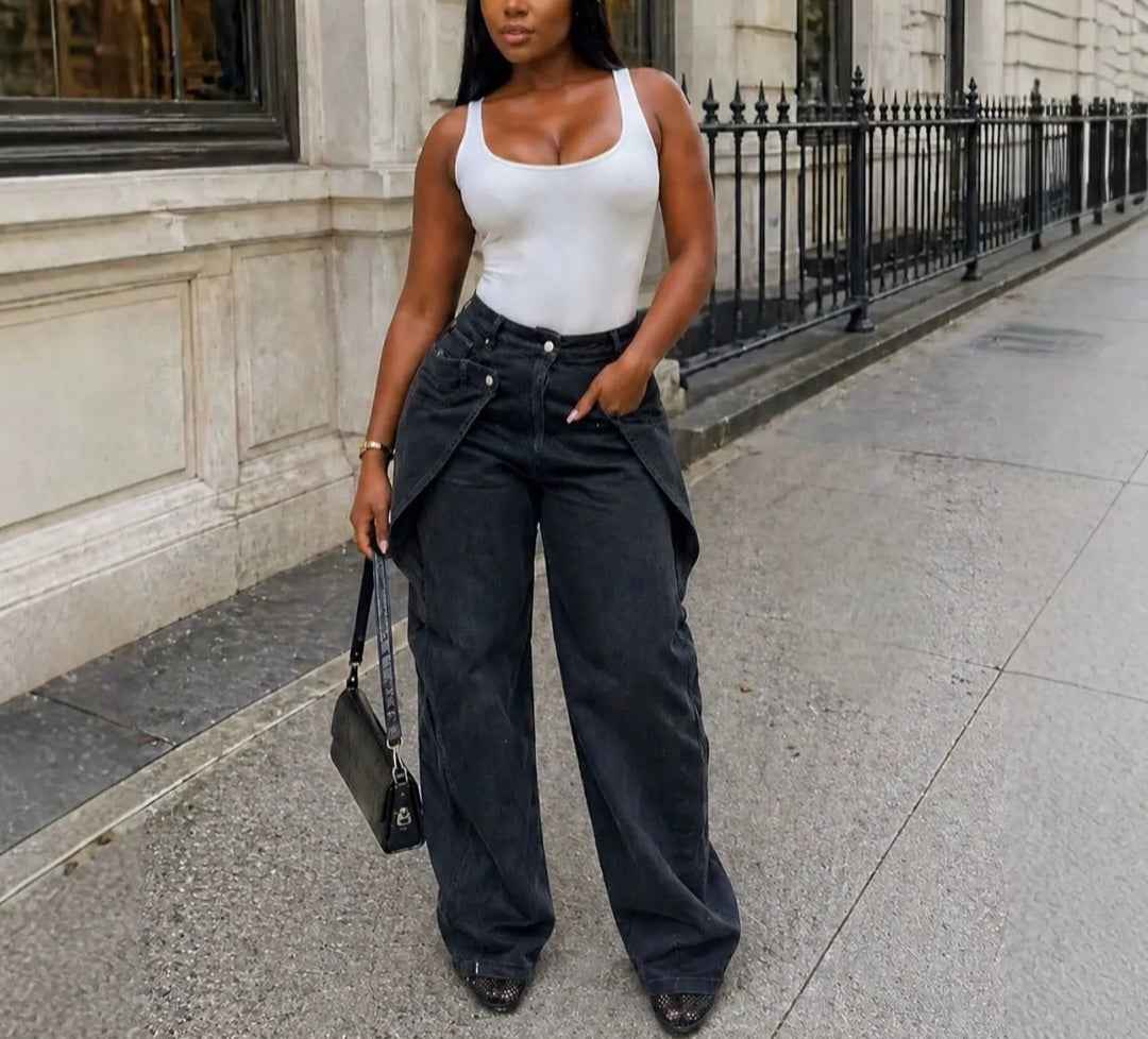 Asymmetrical Draped-Waist Wide-Leg Jeans