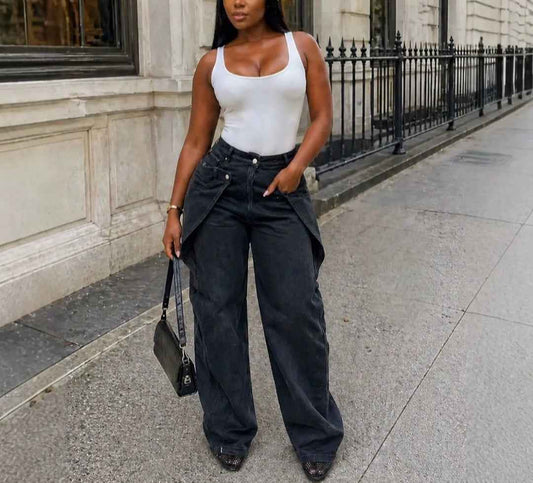 Asymmetrical Draped-Waist Wide-Leg Jeans