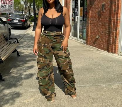 Women's High-Waisted Wide-Leg Camo Cargo Pants / Pantaloni Cargo Donna Vita Alta Gamba Larga Mimetici