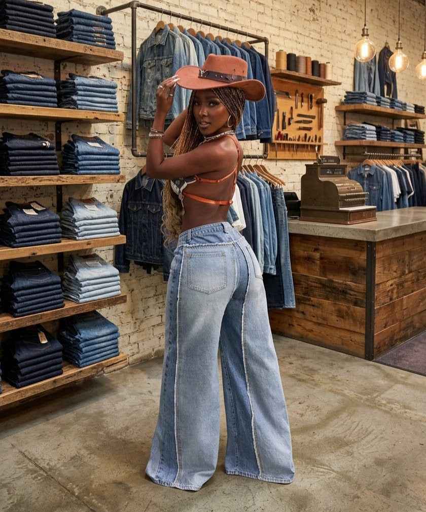 Two-Tone Color-Block Wide-Leg Jeans