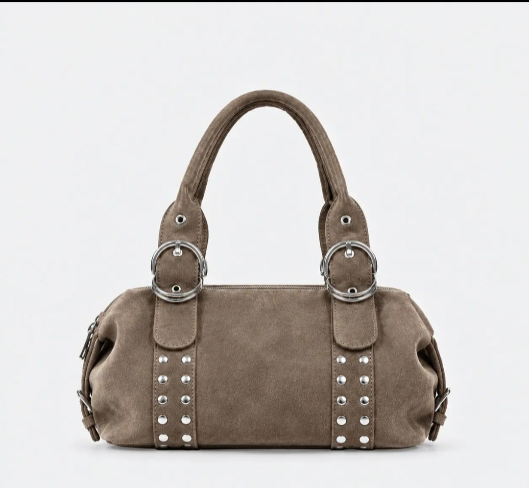 Vintage Studded Suede-Look Boston Shoulder Handbag with Top Handles