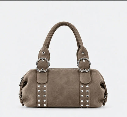 Vintage Studded Suede-Look Boston Shoulder Handbag with Top Handles
