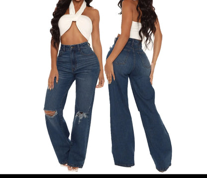Denim OEM Women Ripped Jeans High Waist Wide Leg Straight Vintage Wash Woven Stretch