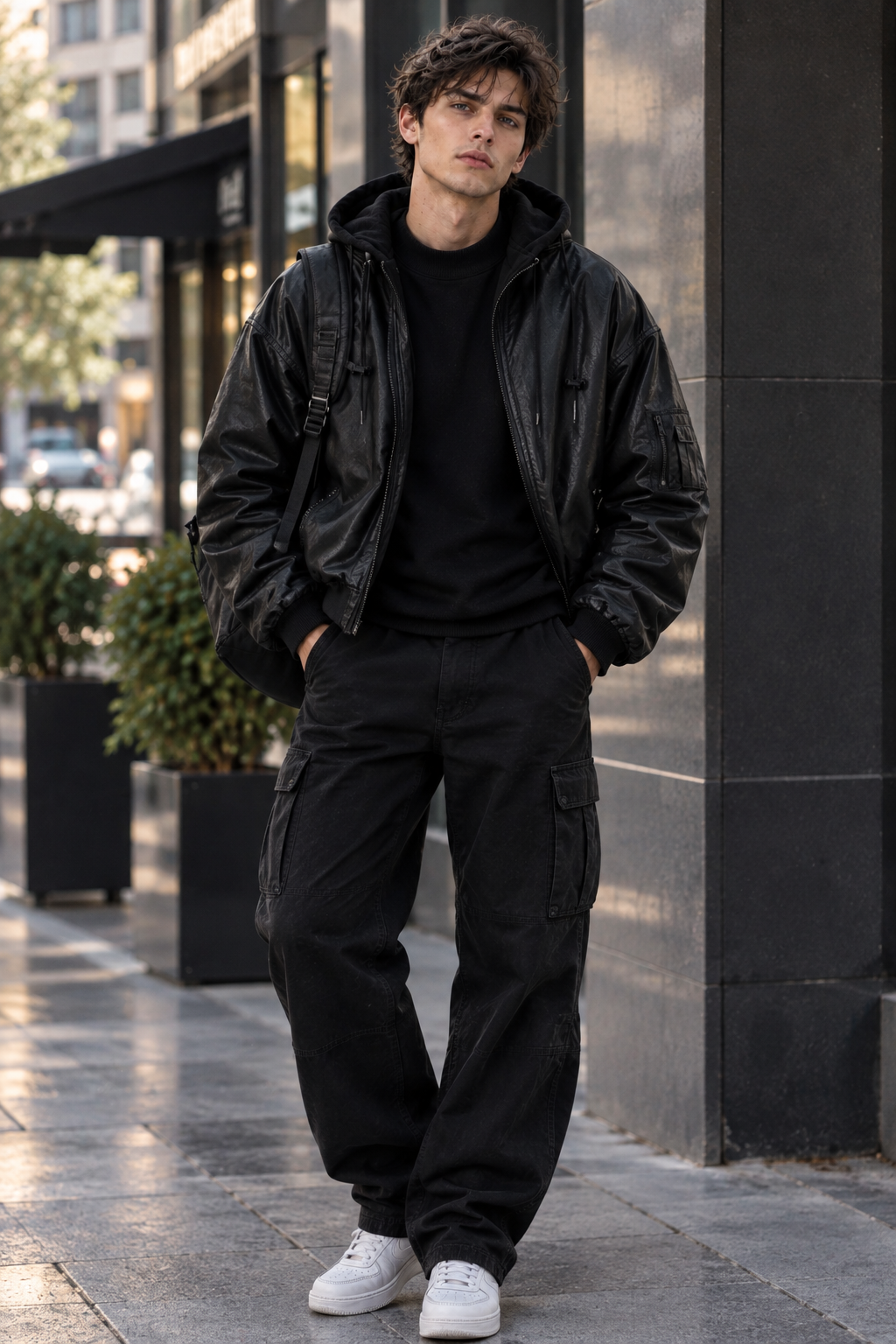 Men's Oversized Leather-Look Hooded Bomber Jacket – Black Heavyweight