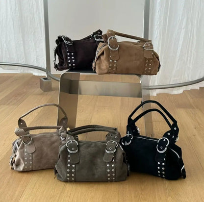 Vintage Studded Suede-Look Boston Shoulder Handbag with Top Handles