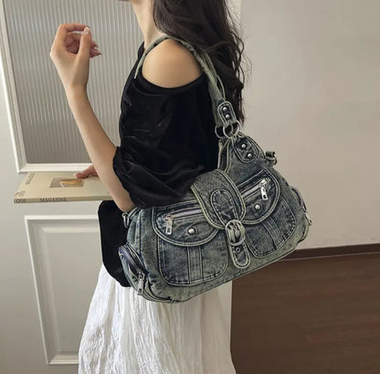 Vintage Washed Denim Hobo Shoulder Bag with Buckle Flap and Multi-Zip Pockets