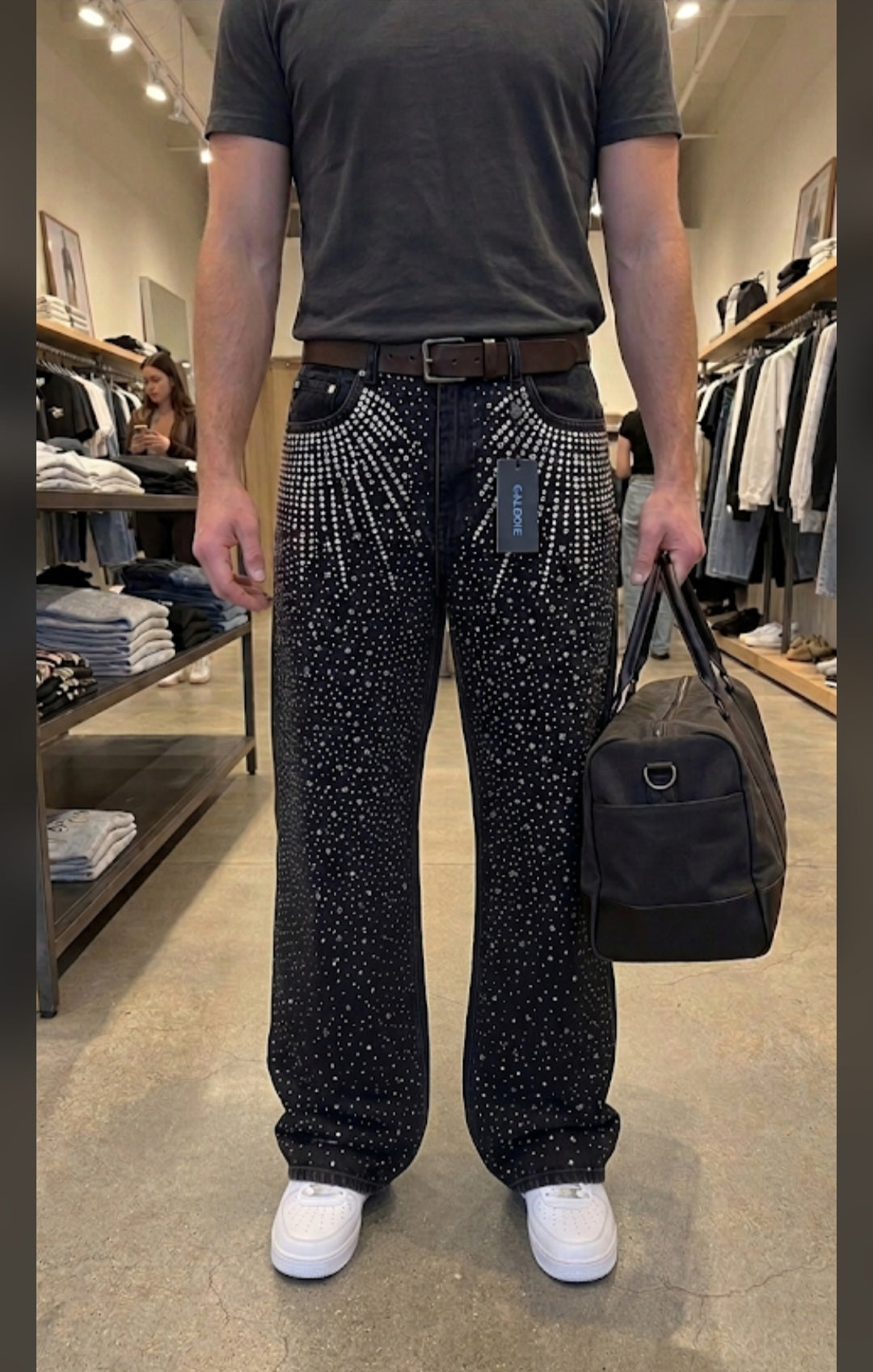 Rhinestone Studded Baggy Wide-Leg Denim Jeans
