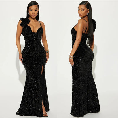 Sequin Sweetheart One-Shoulder Ruffle Mermaid Gown with Slit