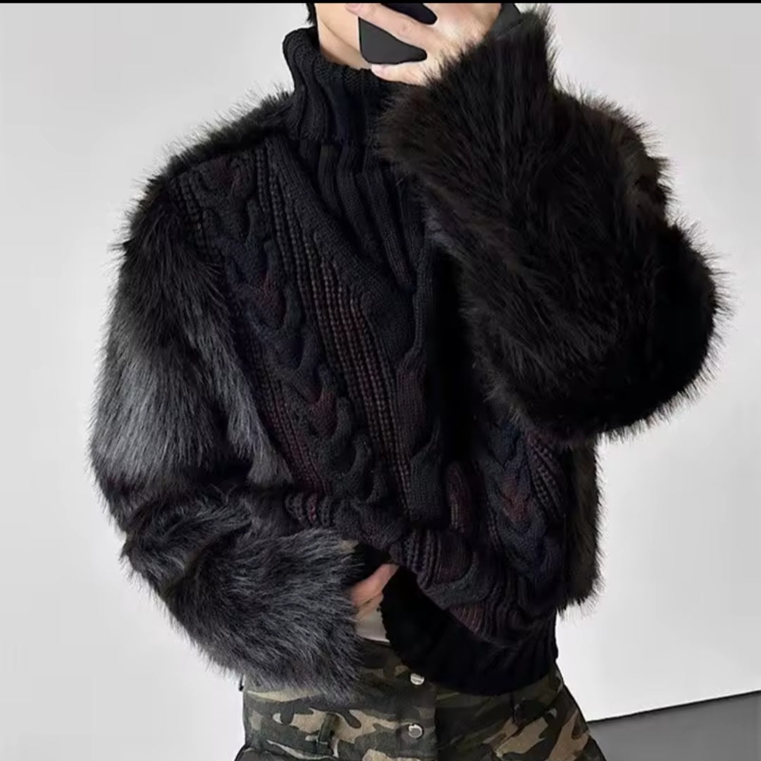 Oversized Faux Fur Cable-Knit Turtleneck Sweater