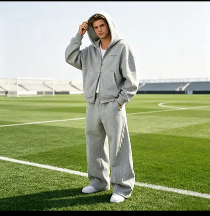 Men's Double Zip Hoodie and Jogger Set, Oversized Baggy Wide Leg - Modernrush.us