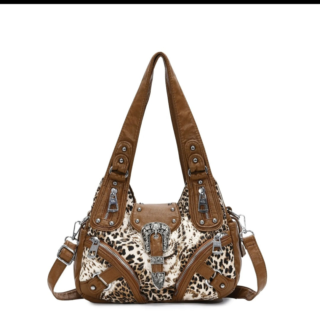 Leopard Print Western Buckle Hobo Shoulder Bag with Multi-Zip Pockets
