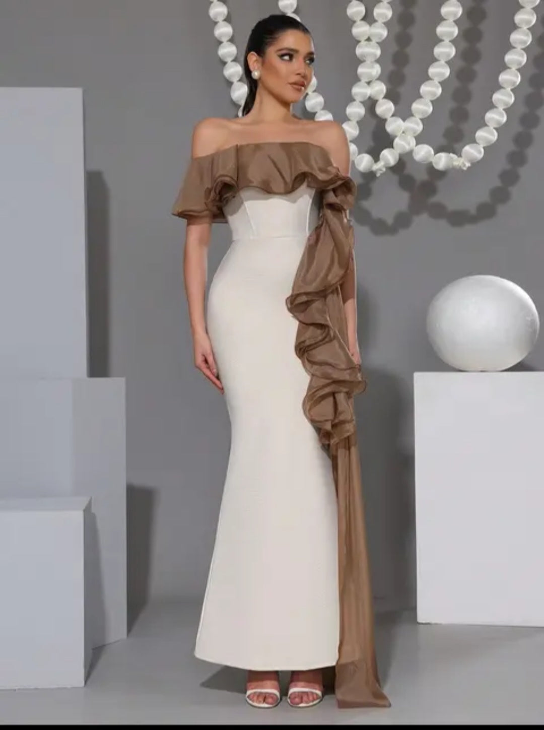 Off-Shoulder Ruffle Trim Mermaid Evening Gown with Drape Sash - Modernrush.us