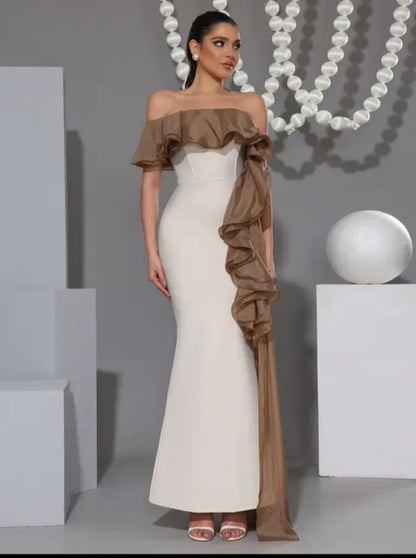 Off-Shoulder Ruffle Trim Mermaid Evening Gown with Drape Sash - Modernrush.us