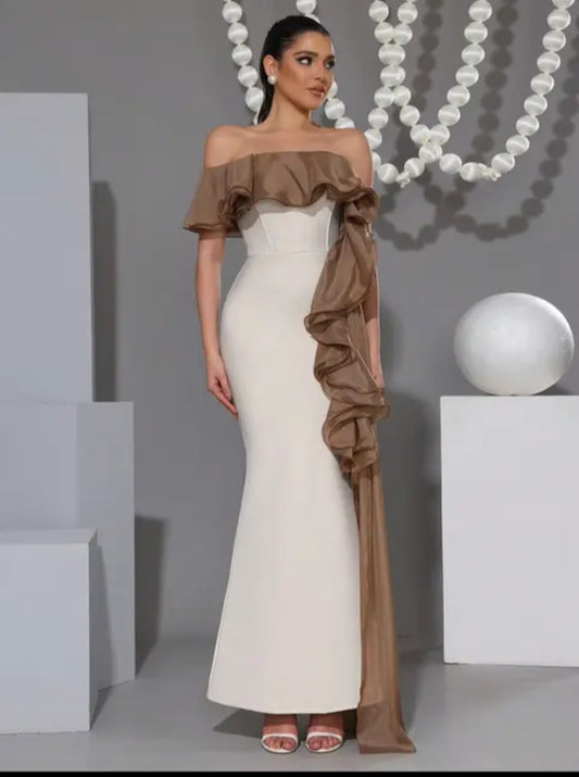 Off-Shoulder Ruffle Trim Mermaid Evening Gown with Drape Sash - Modernrush.us