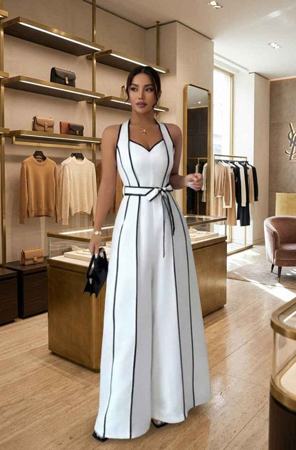 Belted Wide-Leg Jumpsuit with Contrast Piping