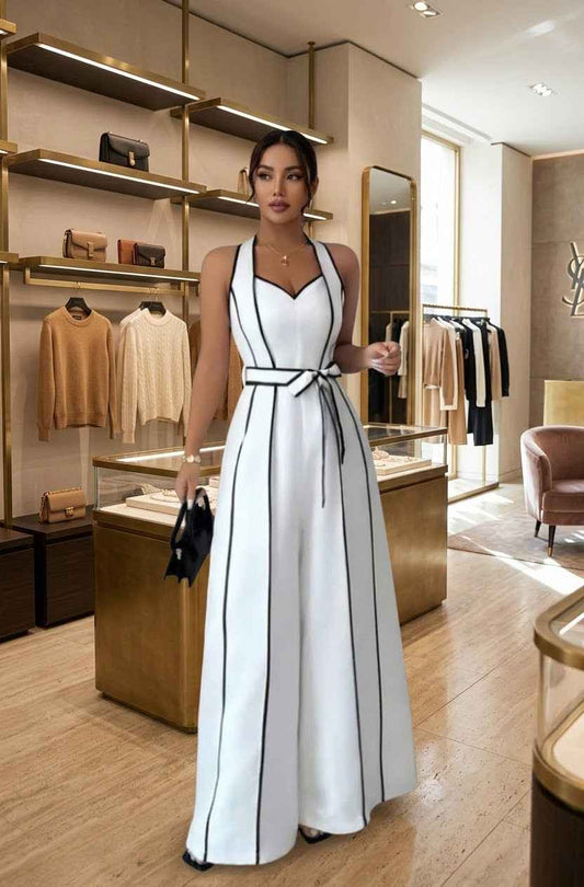 Belted Wide-Leg Jumpsuit with Contrast Piping