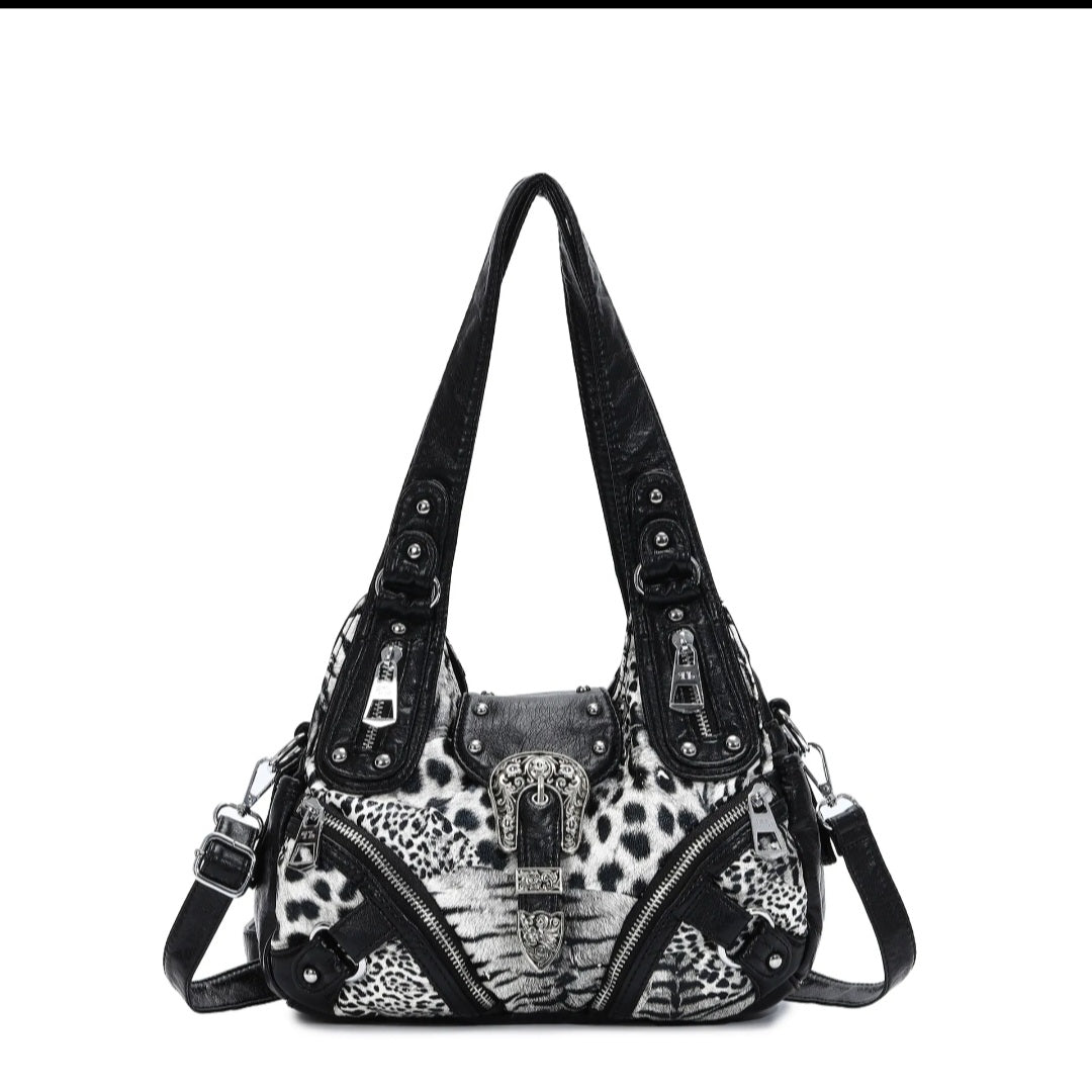 Leopard Print Western Buckle Hobo Shoulder Bag with Multi-Zip Pockets