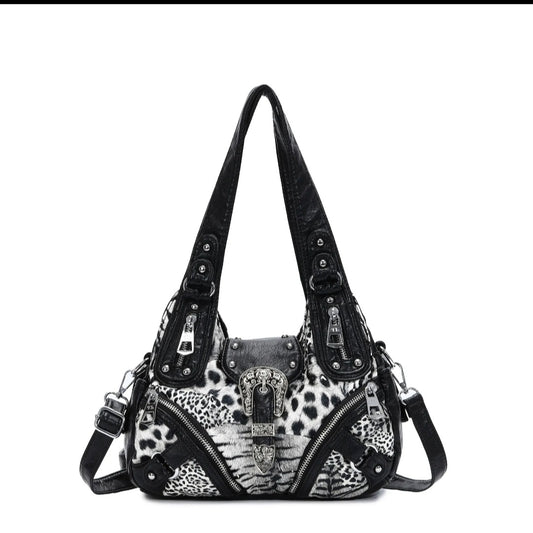 Leopard Print Western Buckle Hobo Shoulder Bag with Multi-Zip Pockets