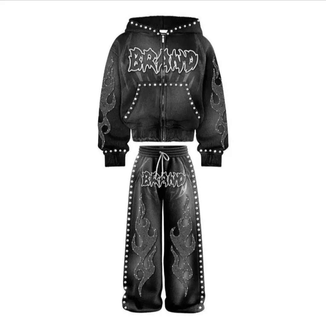 Rhinestone Flame Graphic Wide Leg Sweatpants, Studded Trim