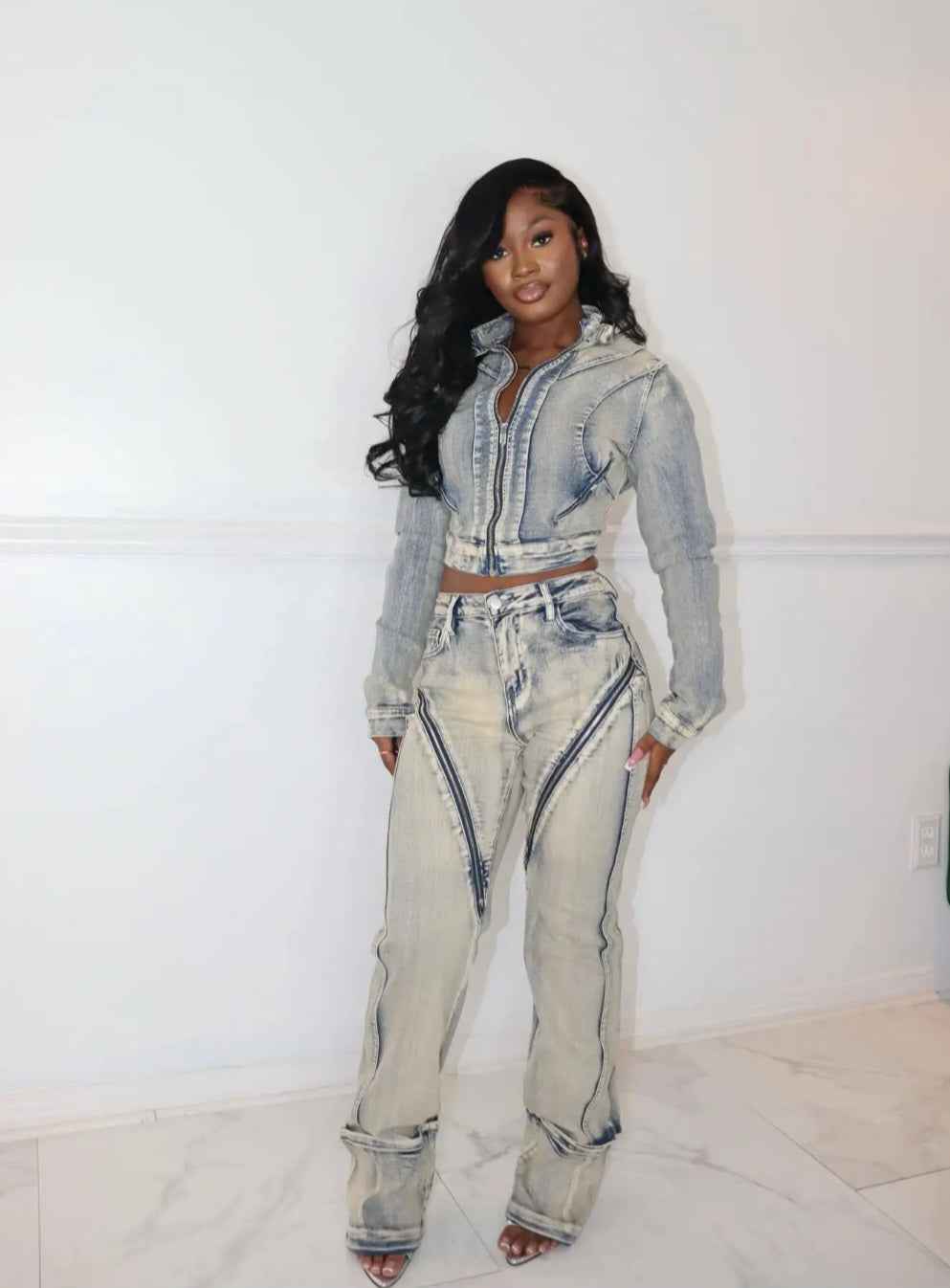 Vintage Wash Zip-Pocket Denim Jacket & Straight-Leg Jeans Set