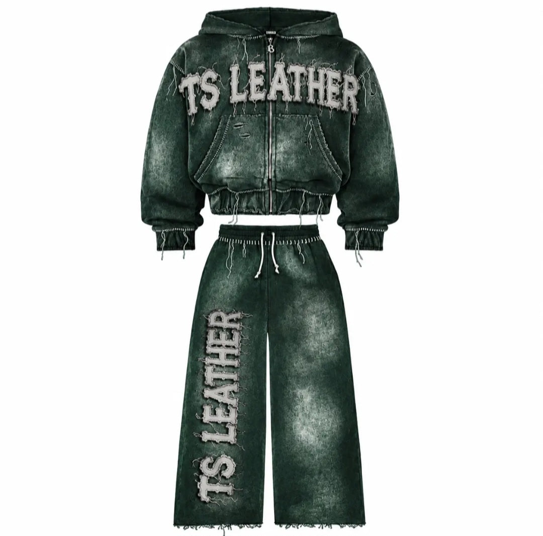 Vintage Acid-Wash Distressed Zip Hoodie and Wide-Leg Sweatpants Set