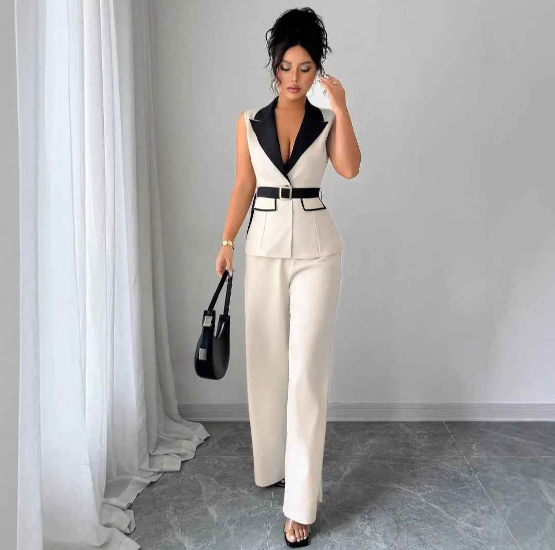 Sleeveless Colorblock Blazer Vest & Wide-Leg Trousers Set