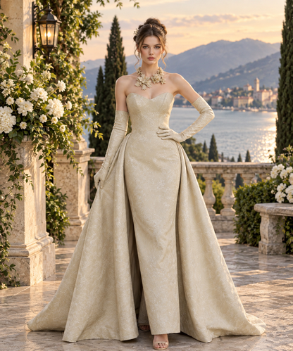 Strapless Evening Gown with Sweeping Overskirt | Abito da Sera Senza Spalline con Sopragonna