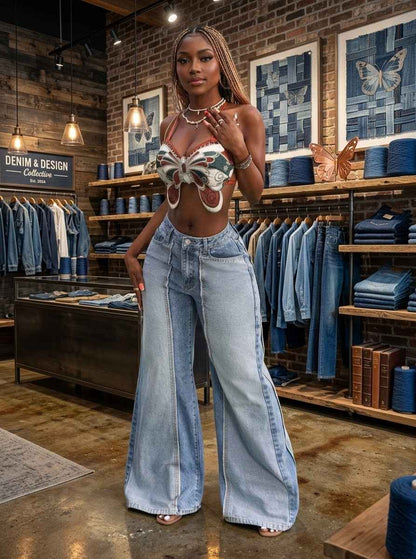Two-Tone Color-Block Wide-Leg Jeans
