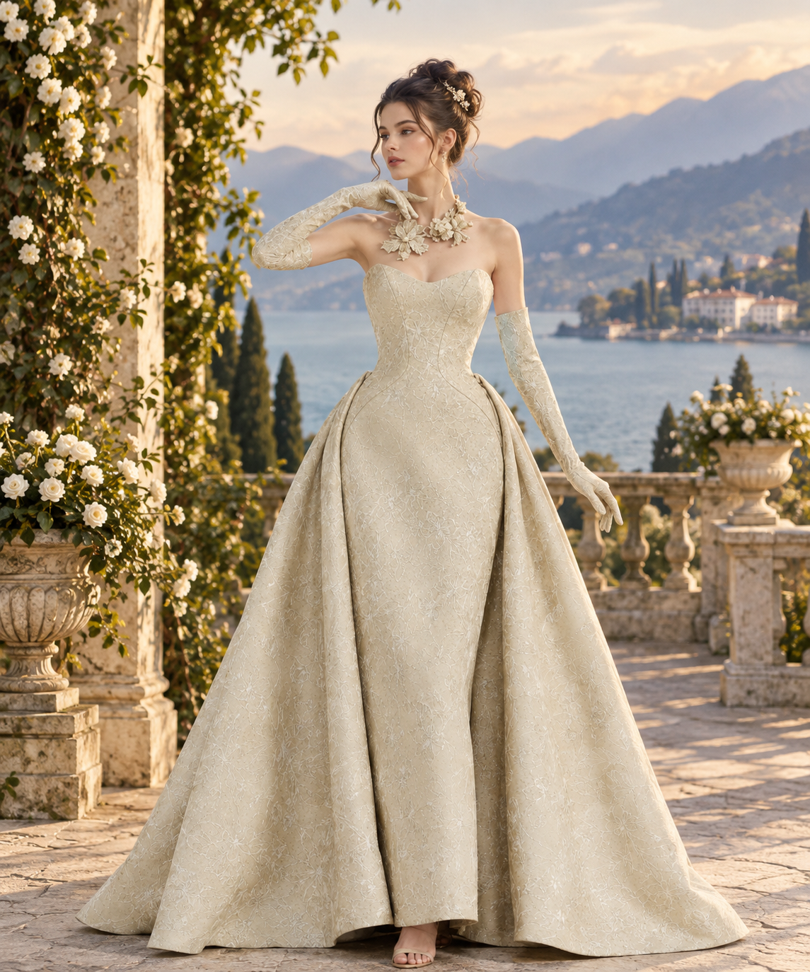 Strapless Evening Gown with Sweeping Overskirt | Abito da Sera Senza Spalline con Sopragonna
