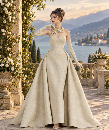 Strapless Evening Gown with Sweeping Overskirt | Abito da Sera Senza Spalline con Sopragonna