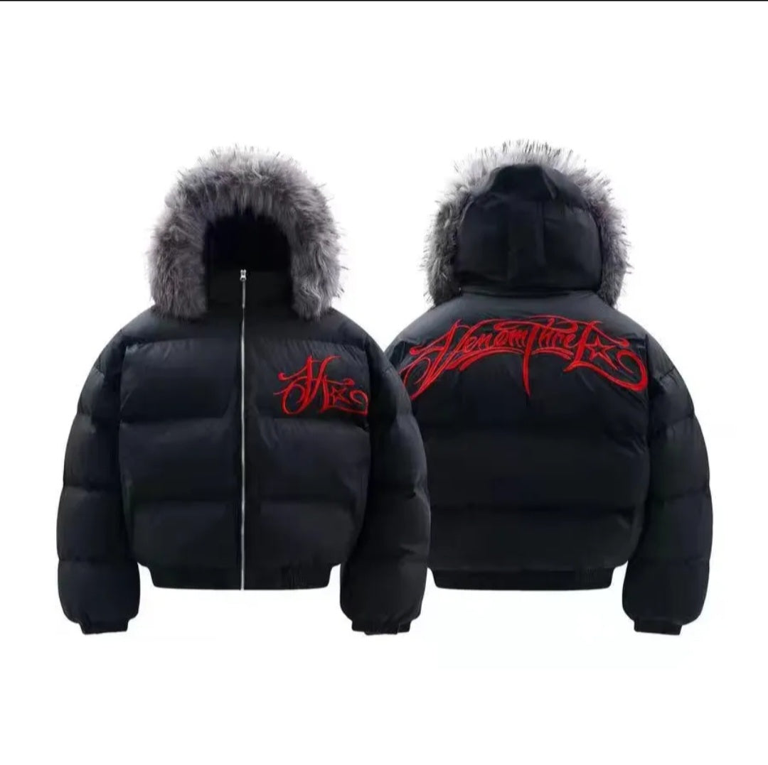 Fur-Hood Puffer Bomber Jacket with Detachable Collar