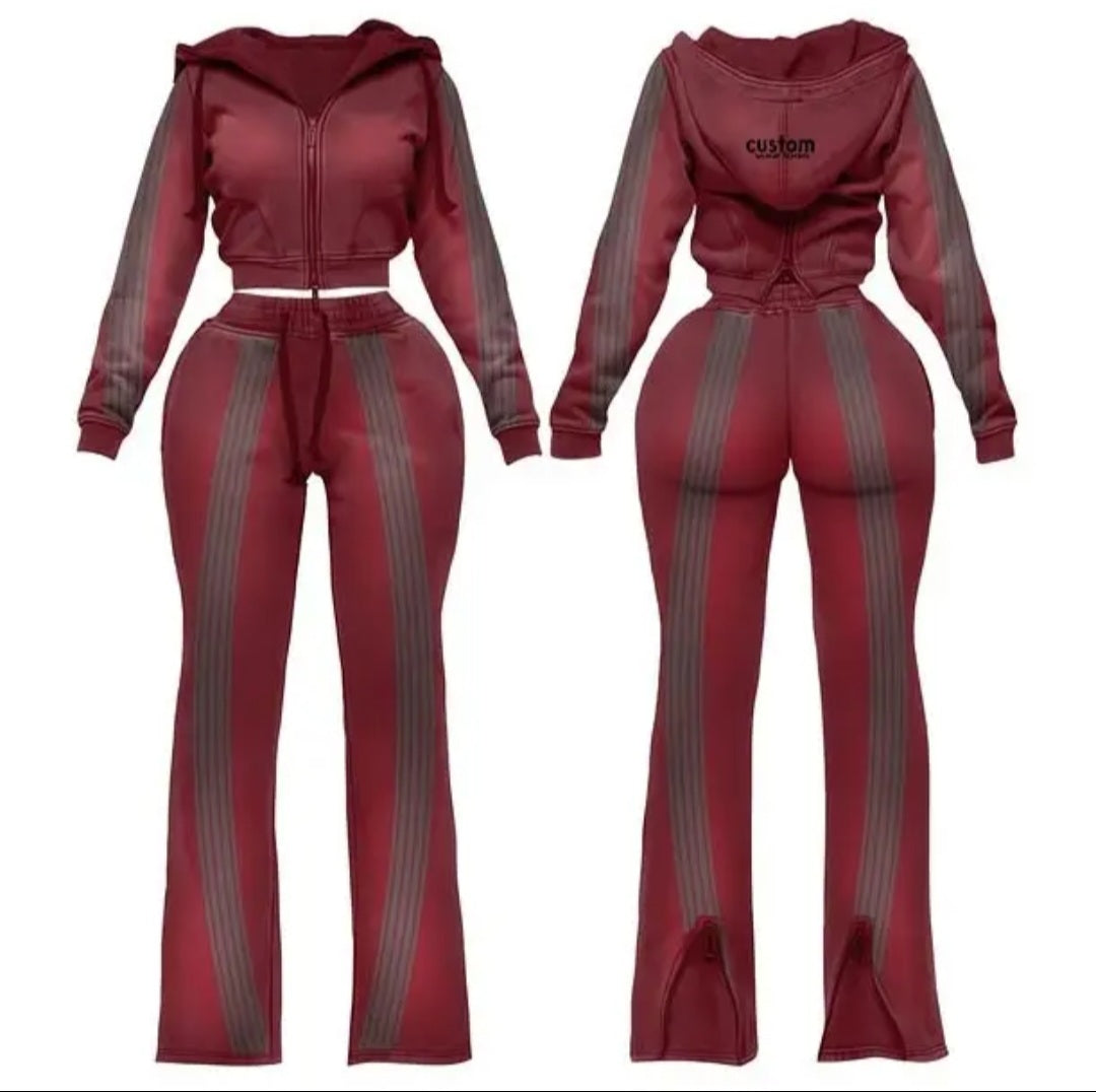 Women's Cropped Zip Hoodie and Flared Jogger Loungewear Set, Side Stripe