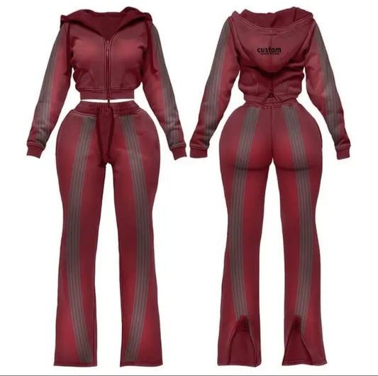 Women's Cropped Zip Hoodie and Flared Jogger Loungewear Set, Side Stripe