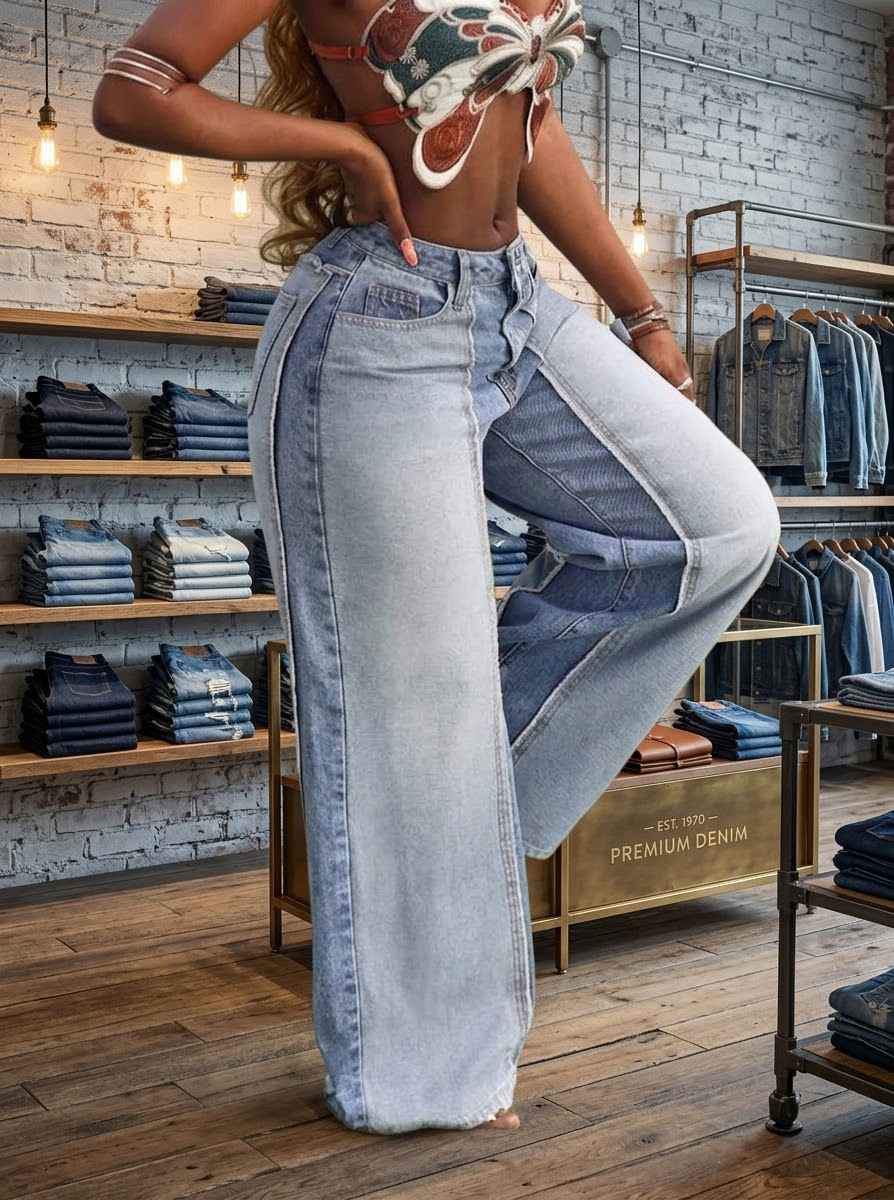 Two-Tone Color-Block Wide-Leg Jeans