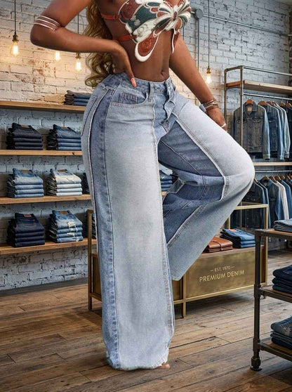 Two-Tone Color-Block Wide-Leg Jeans