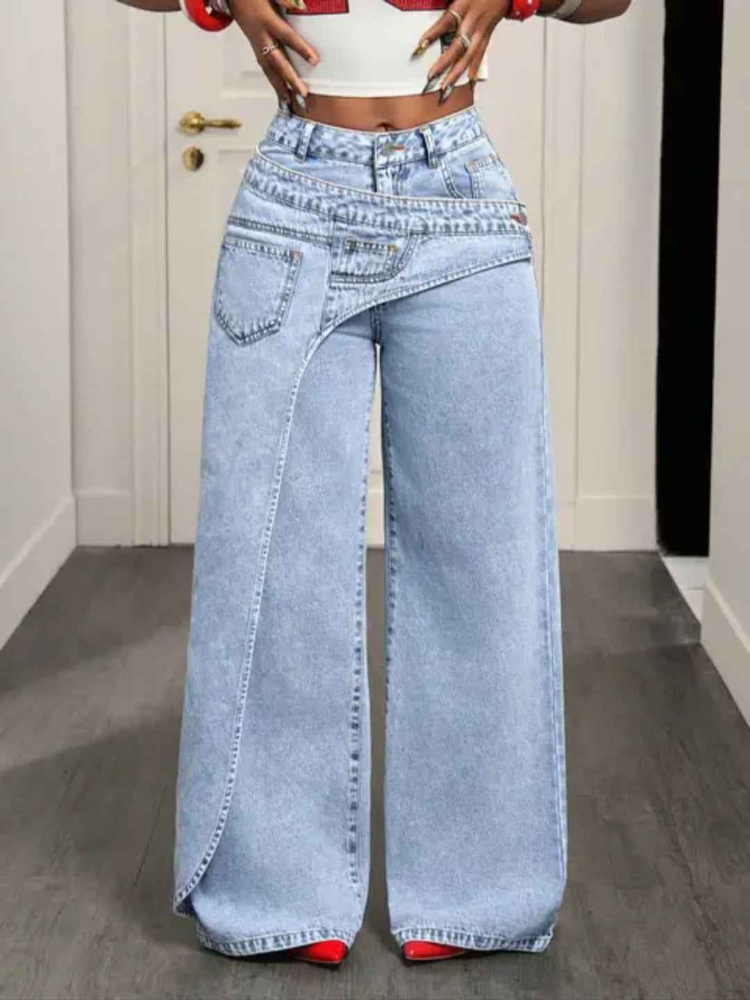 Asymmetrical Fold-Over Waist Wide-Leg Jeans