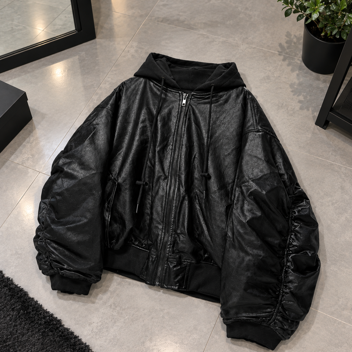 Men's Oversized Leather-Look Hooded Bomber Jacket – Black Heavyweight