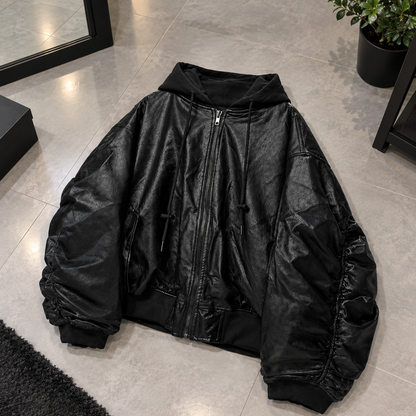 Men's Oversized Leather-Look Hooded Bomber Jacket – Black Heavyweight
