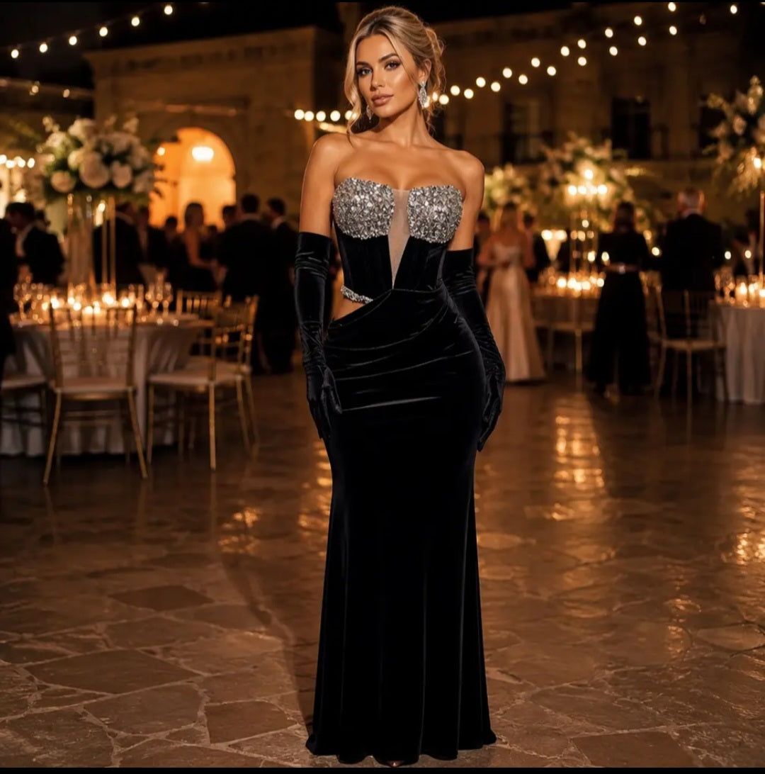 Black Velvet Sequin Bustier Gown with Sheer Tulle Train and Gloves