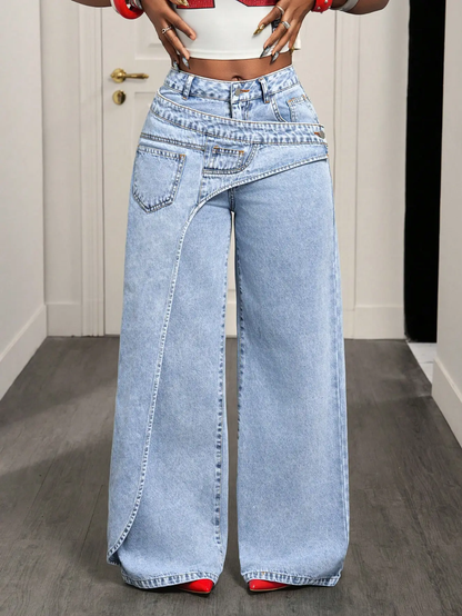 Asymmetrical Fold-Over Waist Wide-Leg Jeans | Jeans a Gamba Larga con Vita Asimmetrica Sovrapposta