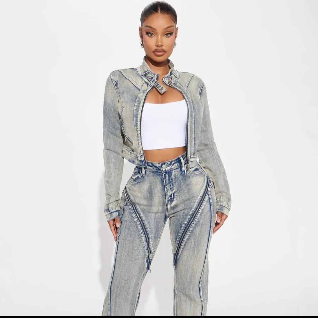 Vintage Wash Zip-Pocket Denim Jacket & Straight-Leg Jeans Set
