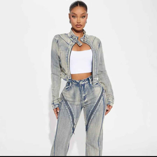 Vintage Wash Zip-Pocket Denim Jacket & Straight-Leg Jeans Set