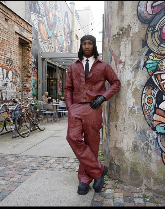 Men's Spiderweb Embossed Faux Leather Jacket & Pants Set