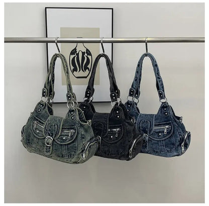 Vintage Washed Denim Hobo Shoulder Bag with Buckle Flap and Multi-Zip Pockets