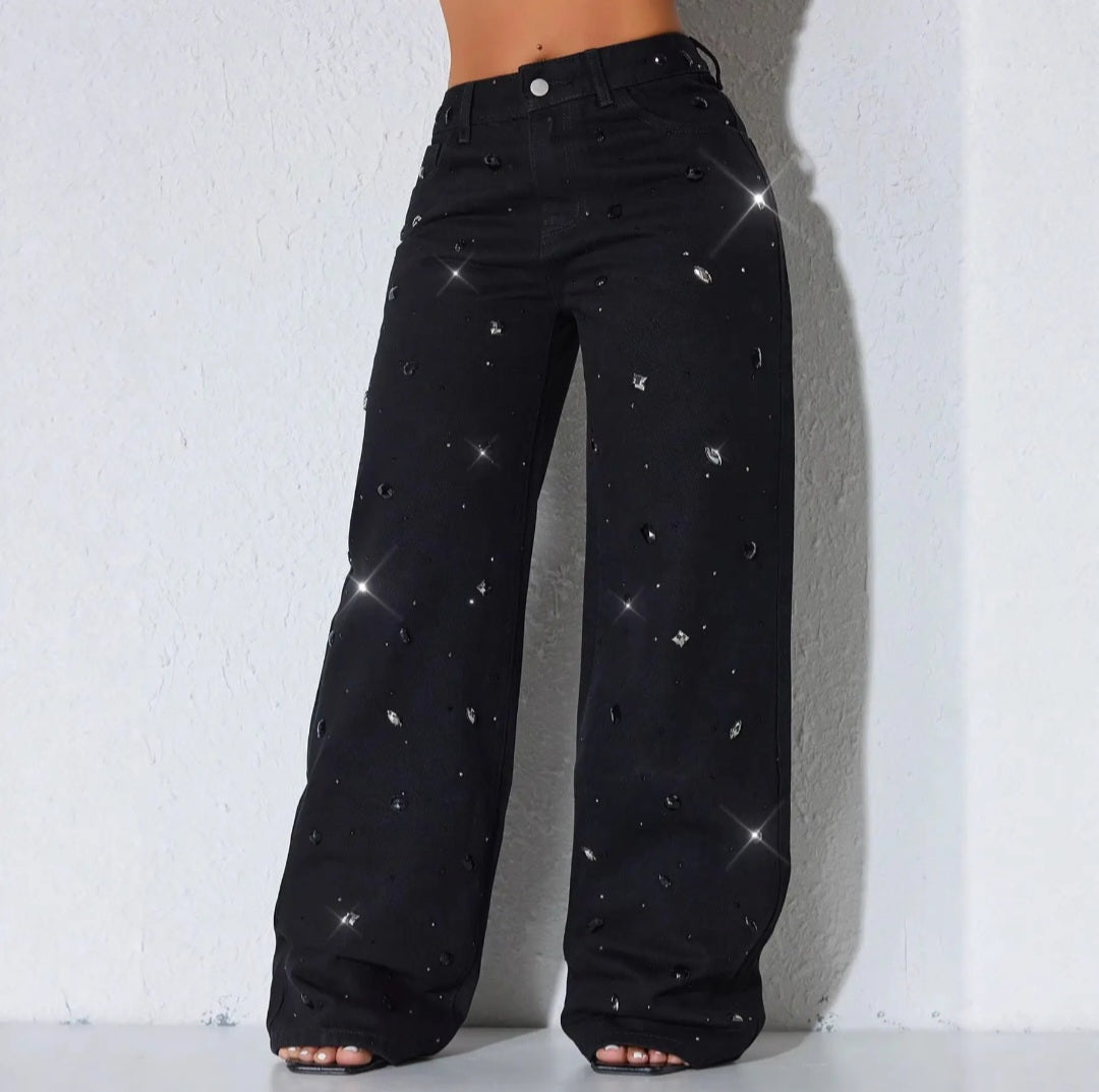 Women Rhinestone Embellished Jeans High Waist Washed Loose Straight Leg Casual Denim Long Pants