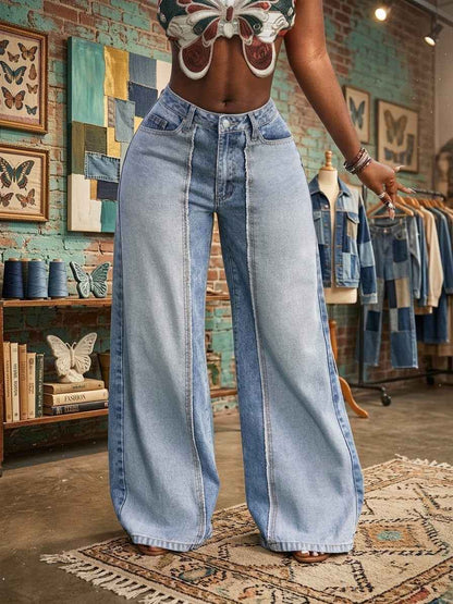 Two-Tone Color-Block Wide-Leg Jeans