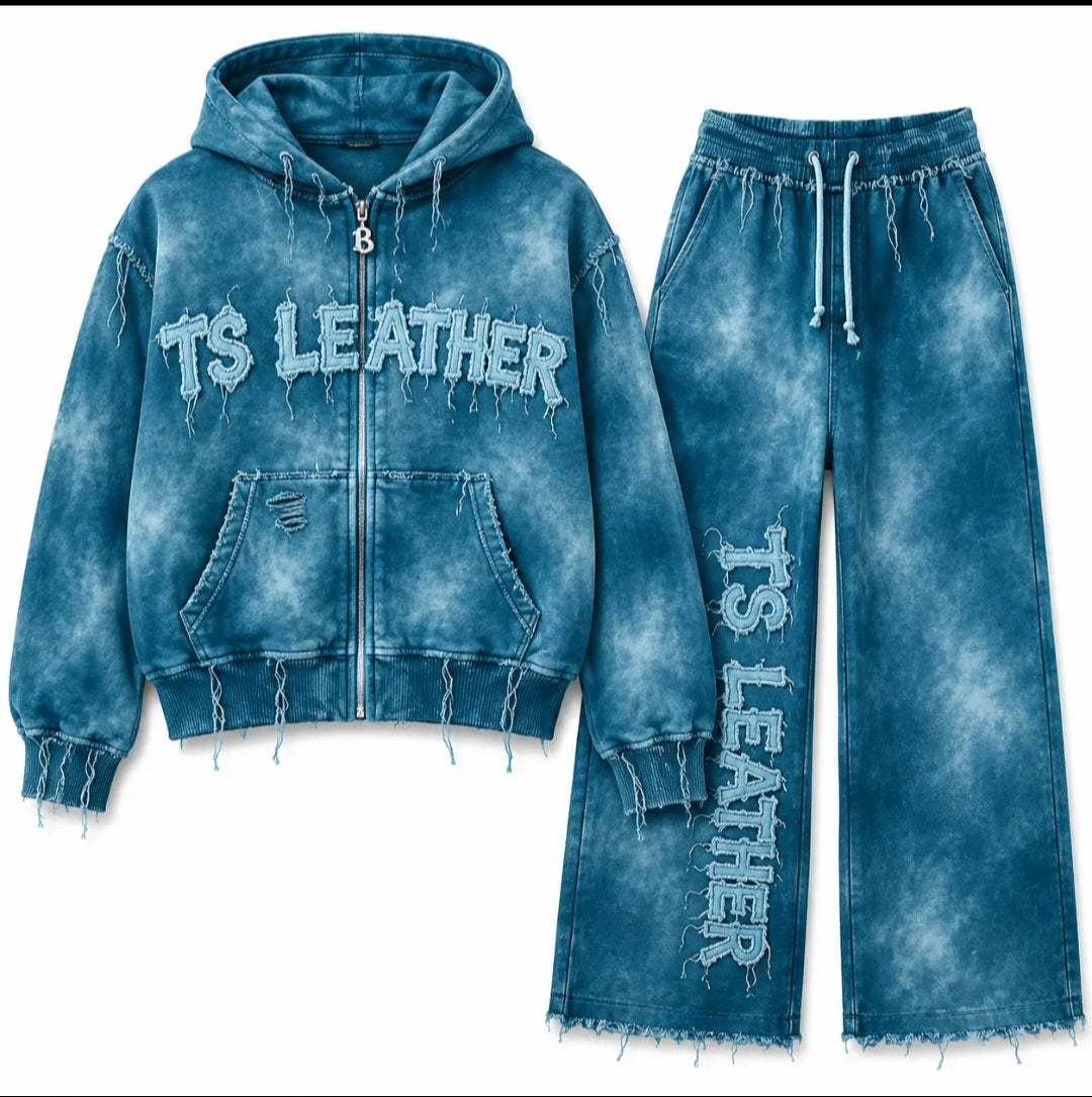 Vintage Acid-Wash Distressed Zip Hoodie and Wide-Leg Sweatpants Set